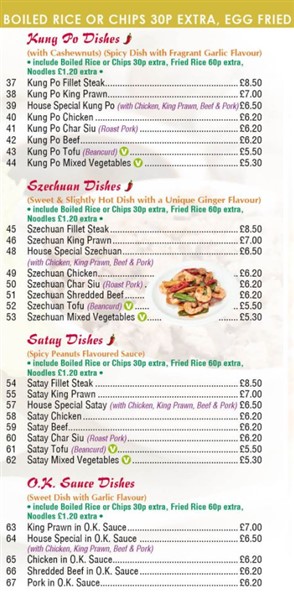 Menu of Bangor Chinese