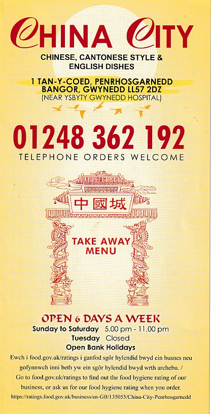 Menu of China City Takeaway in Penrhosgarnedd, Bangor