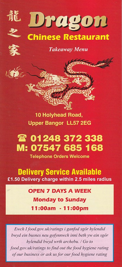 Menu of Dragon Chinese Bangor