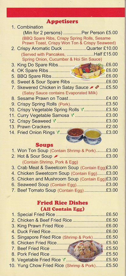 Menu of Dragon Chinese Bangor