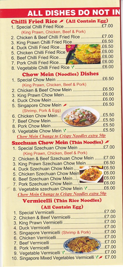 Menu of Dragon Chinese Bangor