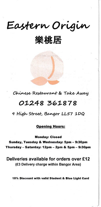 Menu of Eastern Origin, Chinese in Bangor