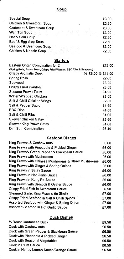 Menu of Eastern Origin, Chinese in Bangor