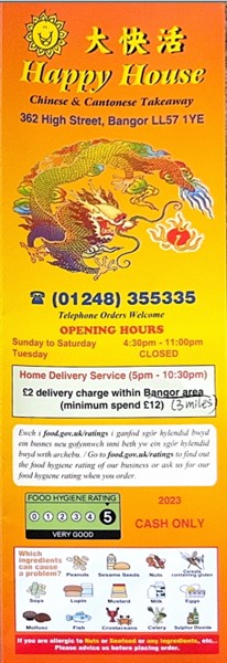 Menu of Happy House Chinese Takeaway in Bangor