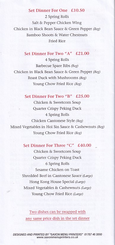 Menu of Hong Kong House Bangor