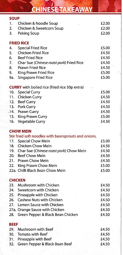 Menu of Dwr Y Mynydd, Chinese Bethesda