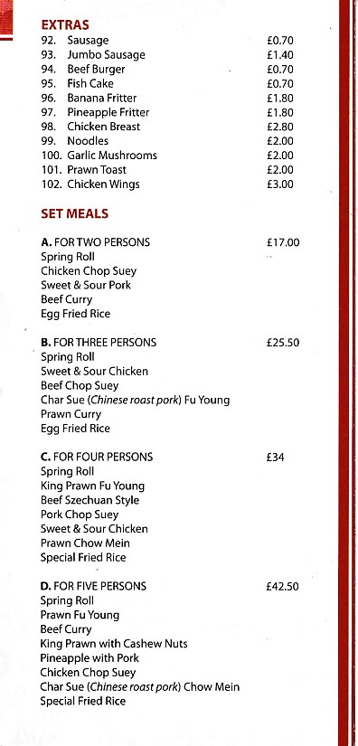 Menu of Dwr Y Mynydd, Chinese Bethesda