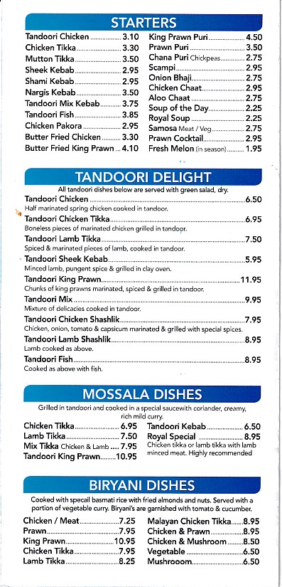 Menu of Royal Tandoori Bangor