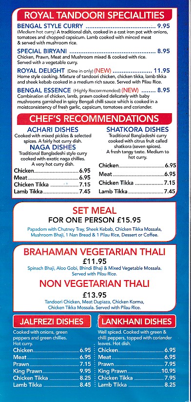 Menu of Royal Tandoori Bangor