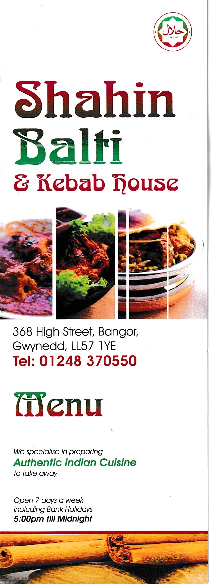 Menu of Shahin Balti and Kebab House Bangor