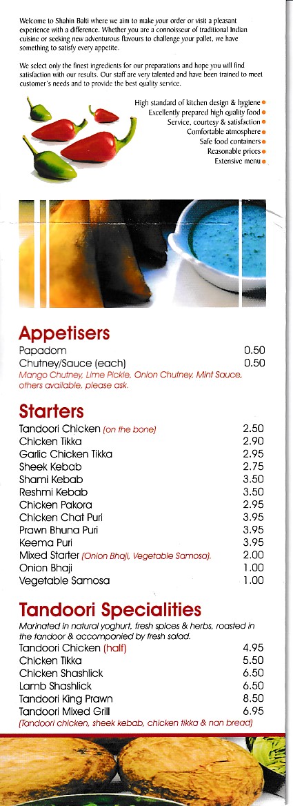 Menu of Shahin Balti and Kebab House Bangor