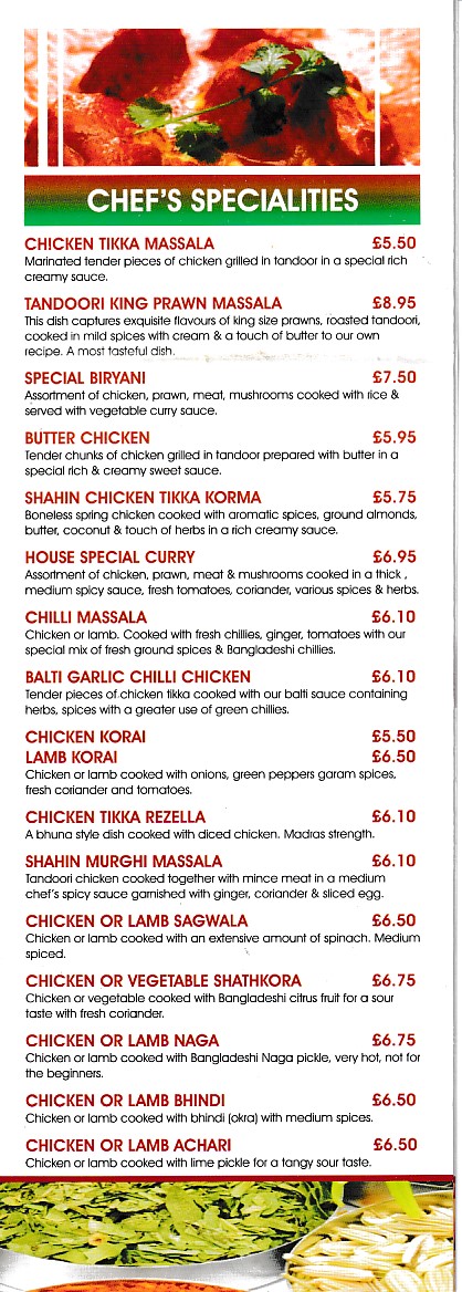 Menu of Shahin Balti and Kebab House Bangor