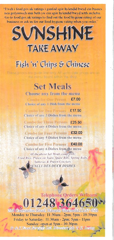 Menu of Sunshine Takeaway in Bangor