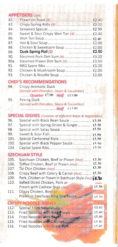 Menu of Sunshine Takeaway in Bangor