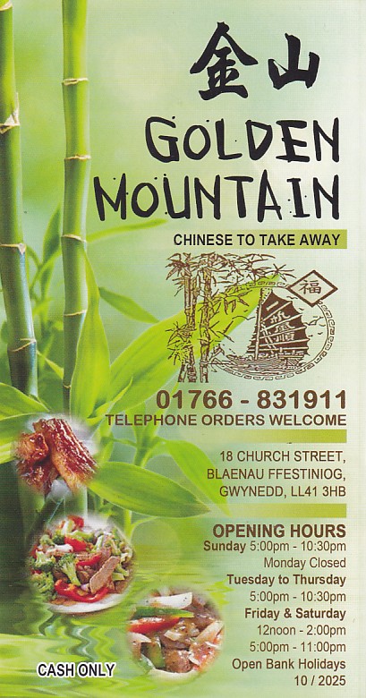 Menu of Golden Mountain Chinese takeaway Blaenau Ffestiniog