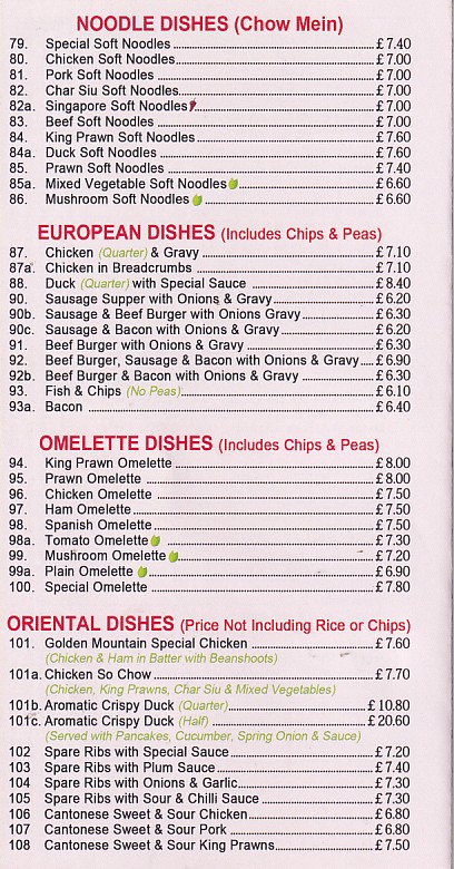 Menu of Golden Mountain Chinese takeaway Blaenau Ffestiniog