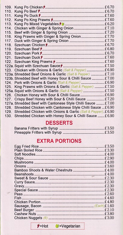 Menu of Golden Mountain Chinese takeaway Blaenau Ffestiniog