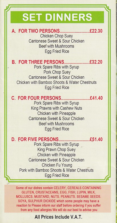 Menu of Golden Mountain Chinese takeaway Blaenau Ffestiniog