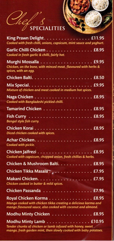 Menu of Red Chillies, Indian Takeaway in Blaenau Ffestiniog