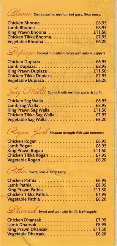 Menu of Red Chillies, Indian Takeaway in Blaenau Ffestiniog