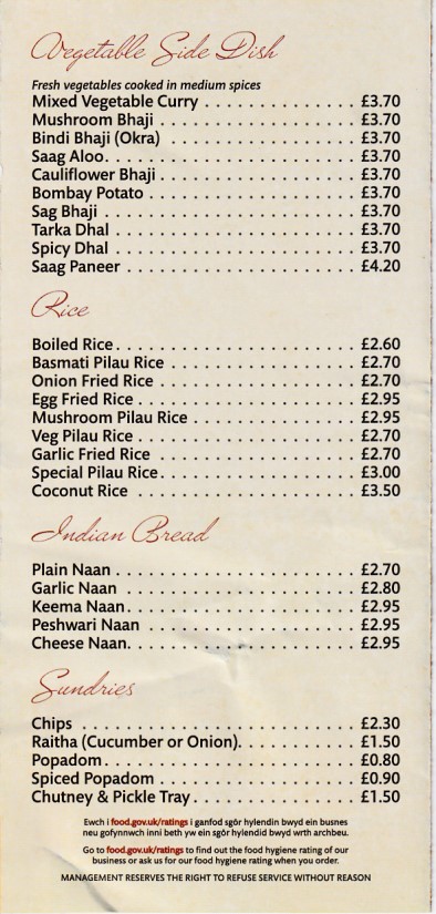 Menu of Red Chillies, Indian Takeaway in Blaenau Ffestiniog