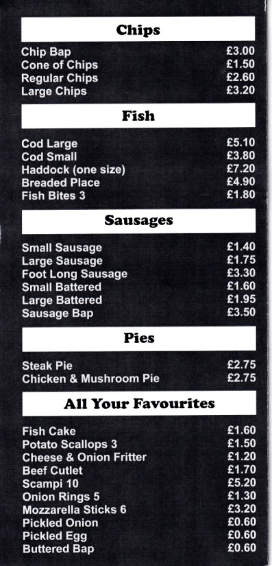 Menu of Trish and Chips, Takeaway, Blaenau Ffestiniog