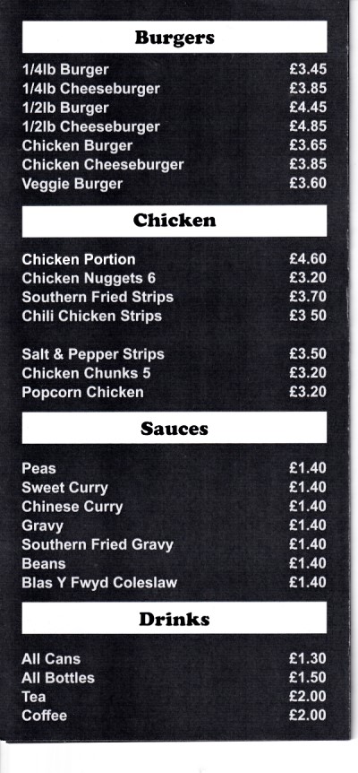 Menu of Trish and Chips, Takeaway, Blaenau Ffestiniog