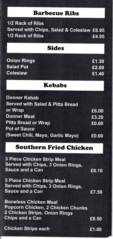 Menu of Trish and Chips, Takeaway, Blaenau Ffestiniog