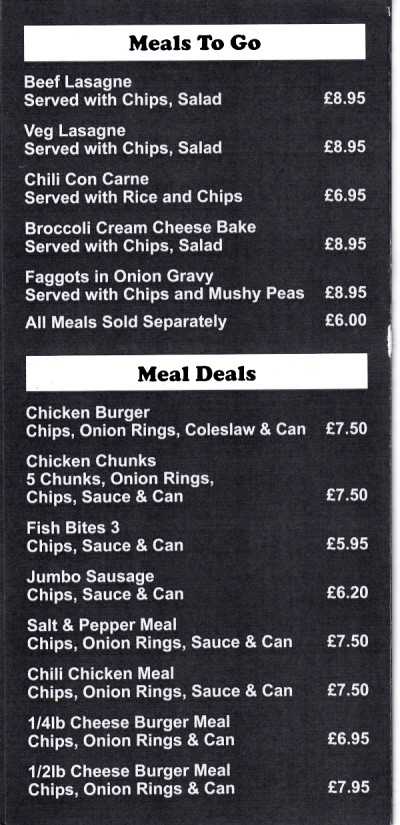 Menu of Trish and Chips, Takeaway, Blaenau Ffestiniog