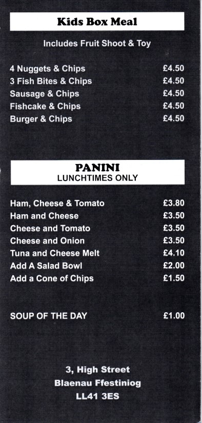 Menu of Trish and Chips, Takeaway, Blaenau Ffestiniog