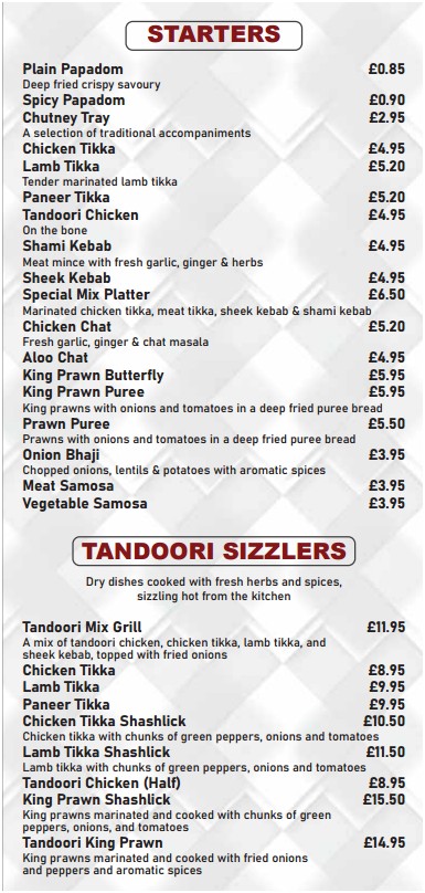 Menu of Menu of Bengal Spices, Caernarfon