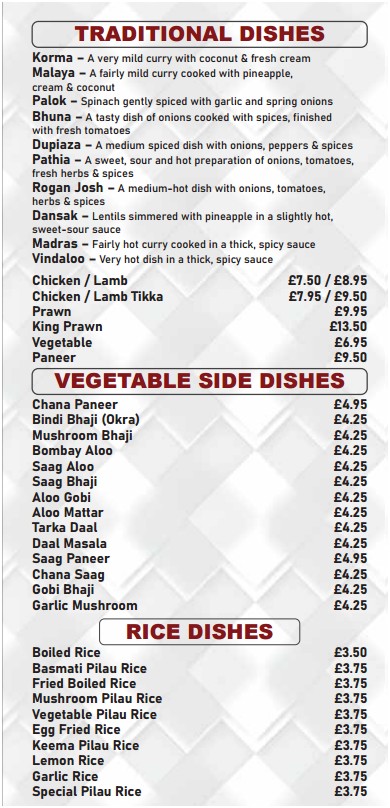 Menu of Menu of Bengal Spices, Caernarfon