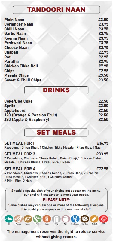 Menu of Menu of Bengal Spices, Caernarfon