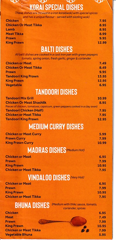 Menu of Menu of Bengal Spices, Caernarfon