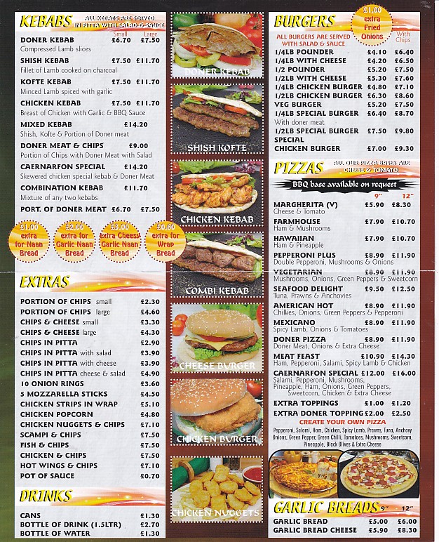 Menu of Caernarfon kebab House