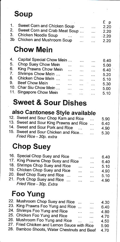 Menu of Capital Chinese Takeaway in Caernarfon