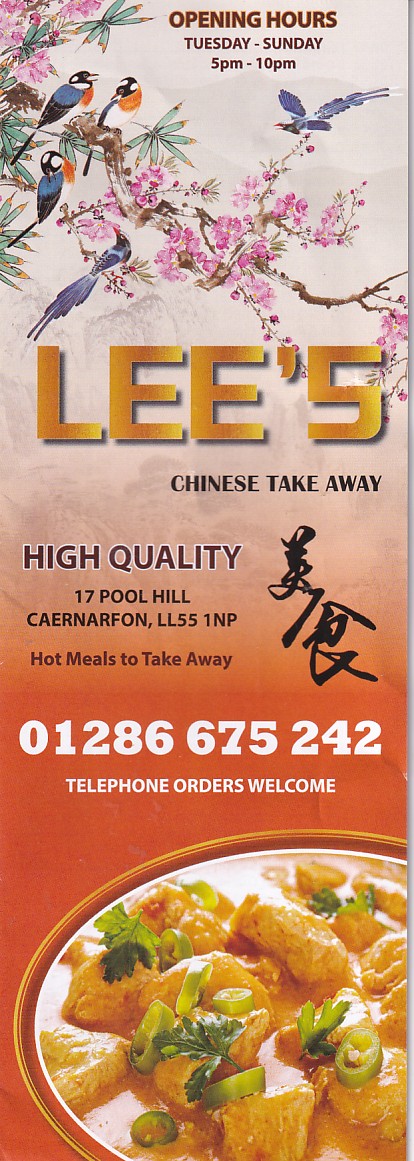 Menu of Lee's Chinese Takeaway in Caernarfon