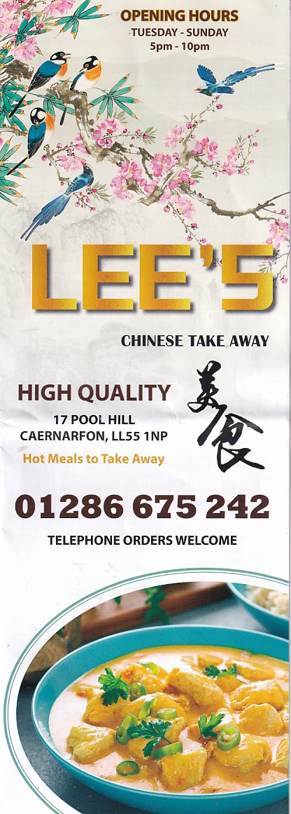 Menu of Lee's Chinese Takeaway in Caernarfon