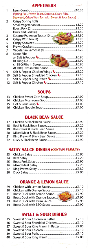 Menu of Lee's Chinese Takeaway in Caernarfon