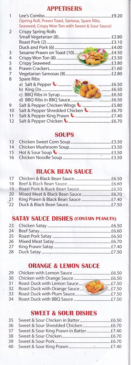 Menu of Lee's Chinese Takeaway in Caernarfon