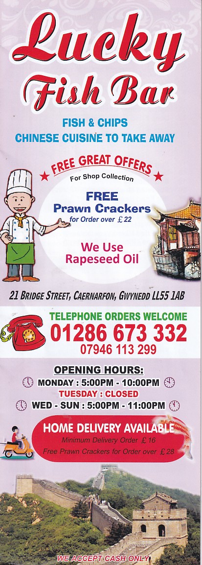 Menu of Lucky Fish Bar, Chinese takeaway in Caernarfon