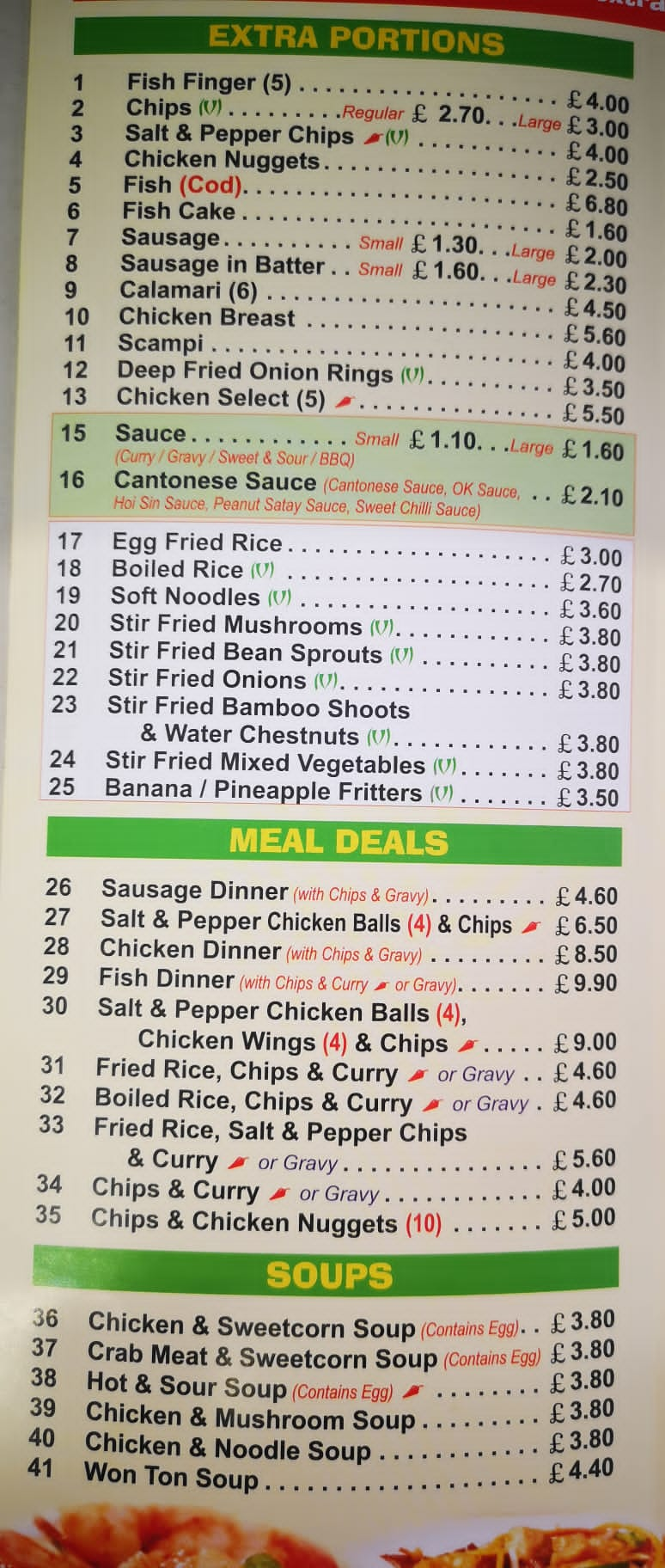 Menu of Lucky Fish Bar, Chinese takeaway in Caernarfon