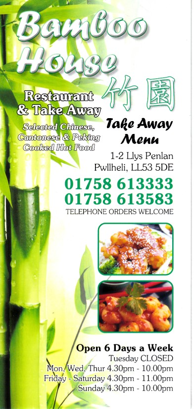 Menu of Bamboo House Chinese Takeaway, Pwllheli