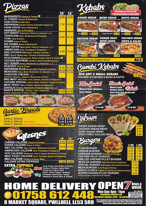 Menu of Nanas Pwllheli