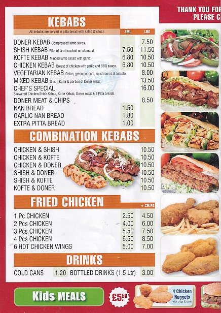 Menu of Nefyn Pizza Kebab