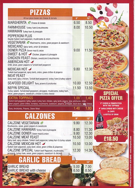 Menu of Nefyn Pizza Kebab