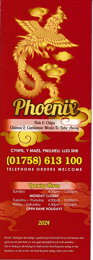 Menu of Phoenix, Chinese Takeaway in Pwllheli
