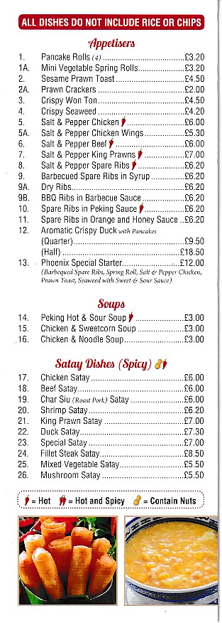 Menu of Phoenix, Chinese Takeaway in Pwllheli