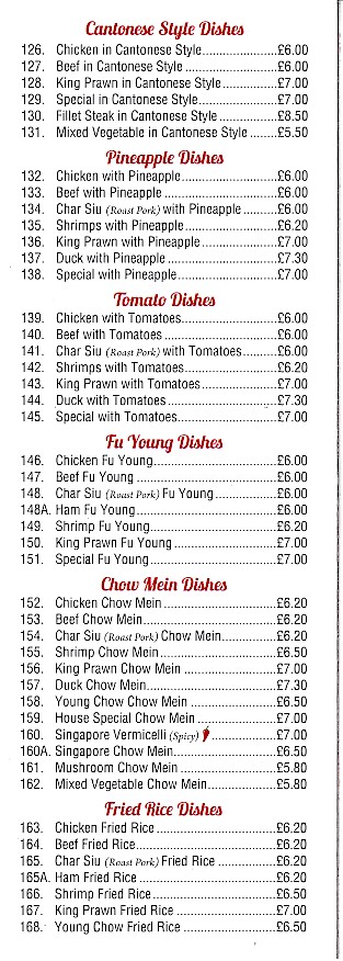 Menu of Phoenix, Chinese Takeaway in Pwllheli