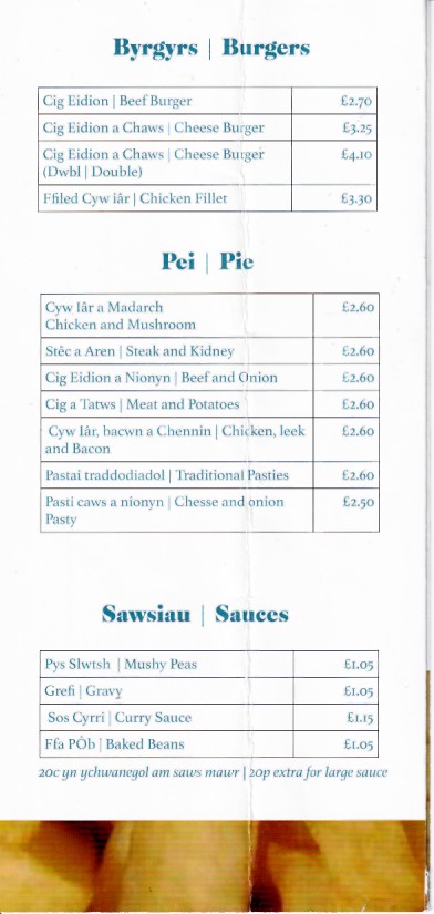 Menu of sglods gwens chips Morfa Nefen